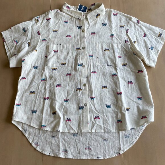 NEW Rae Dunn Linen Blend Butterfly Short Sleeve Collared Button Down Shirt, XL - Picture 2 of 9